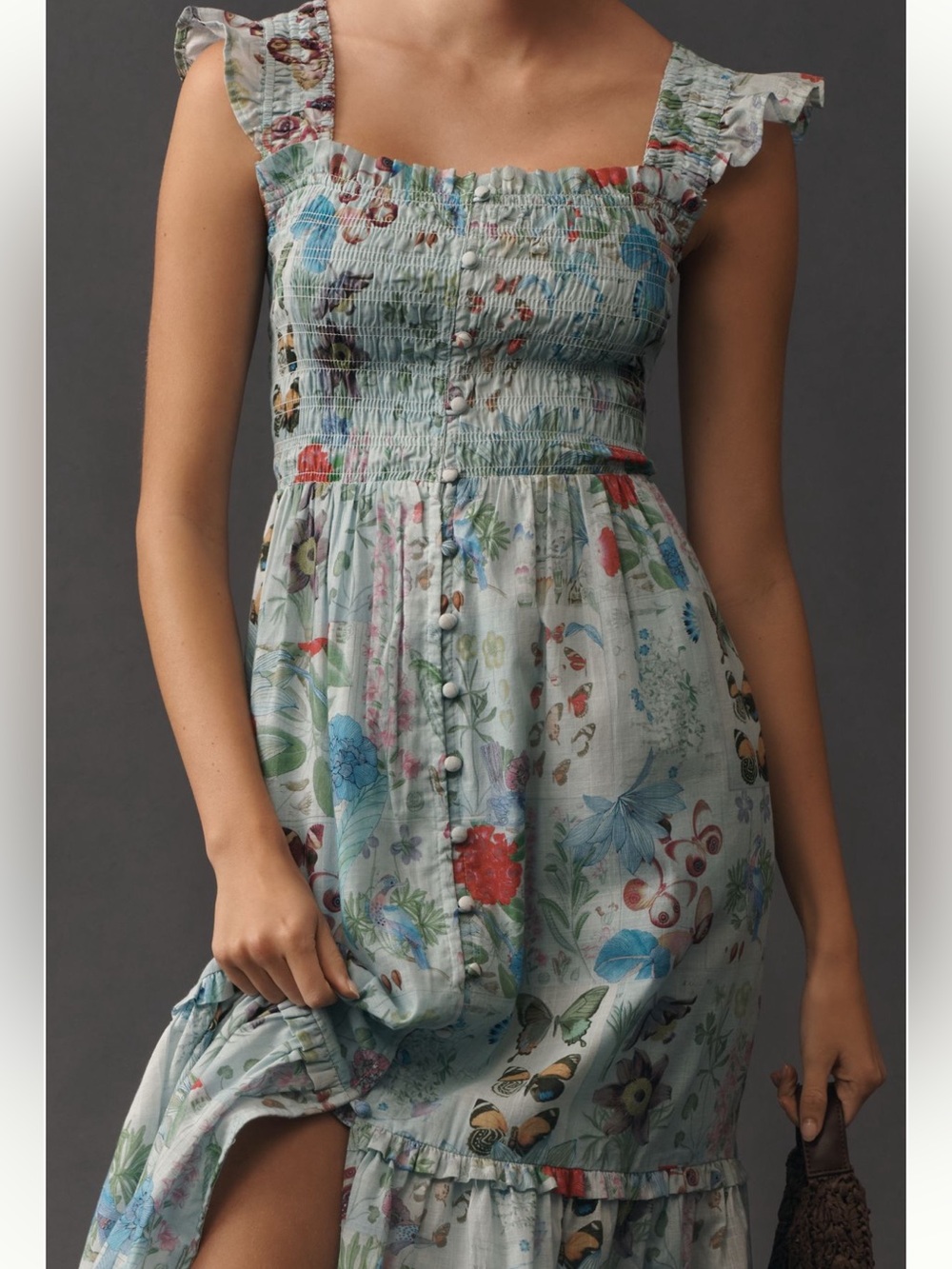 Anthropologie Peregrine Midi Dress Square Neck Smocked Tiered Skirt Pockets NWT - Picture 8 of 16